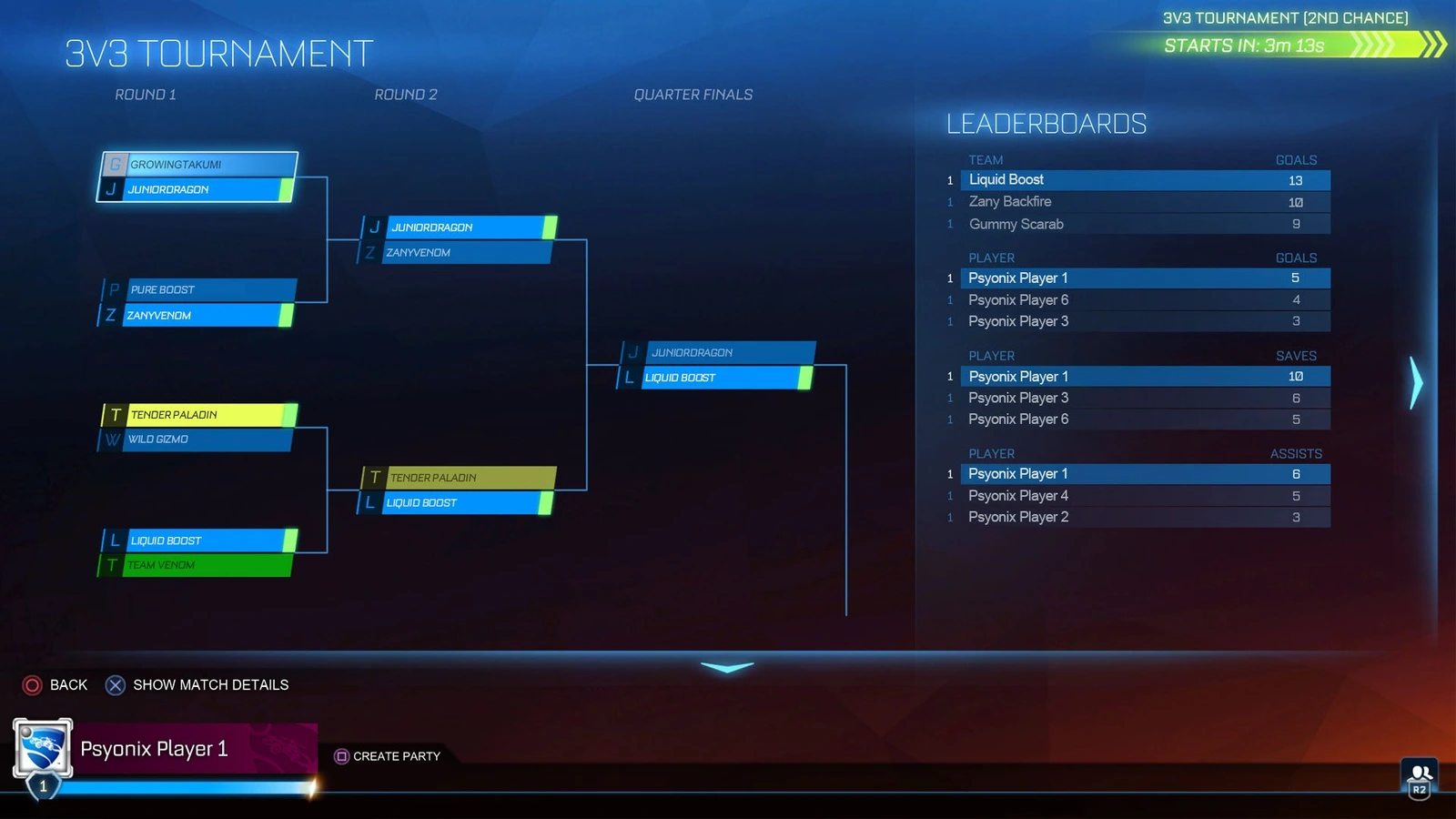 Rocket League tournament bracket showing teams advancing through elimination rounds