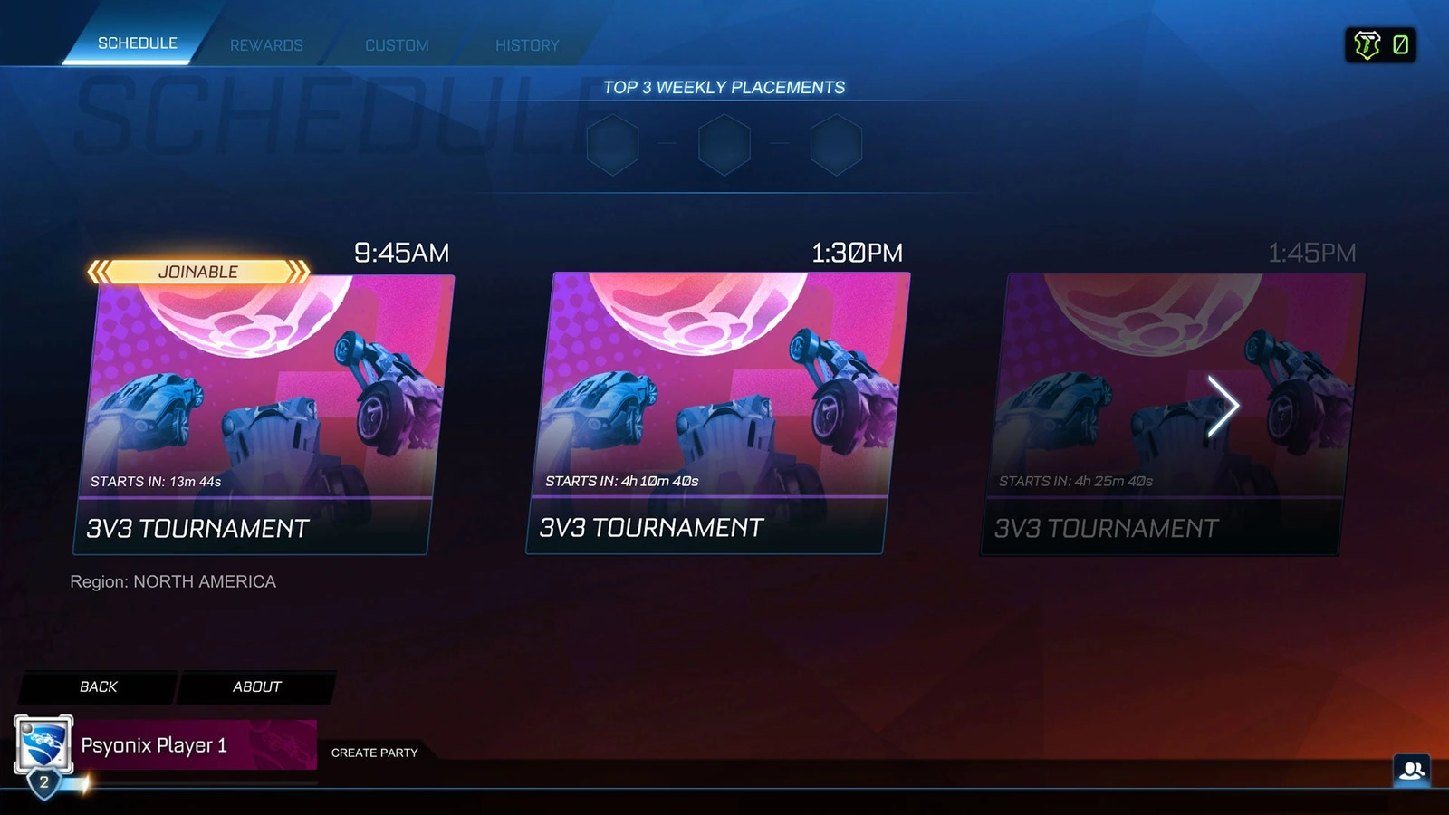 Rocket League tournament schedule with weekly placement slots and a joinable event