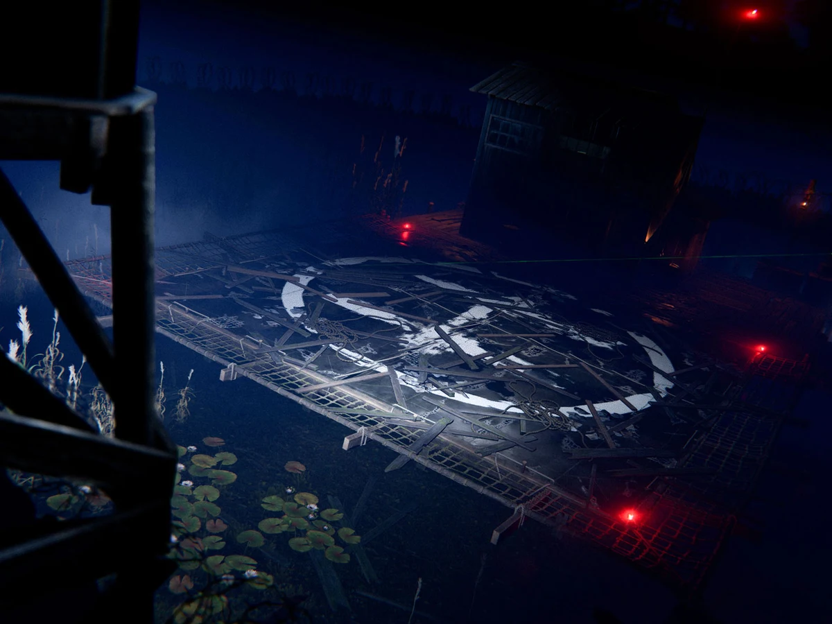 The damaged Air Wolf helipad at Bandit Camp is covered with broken boards beneath red landing lights.