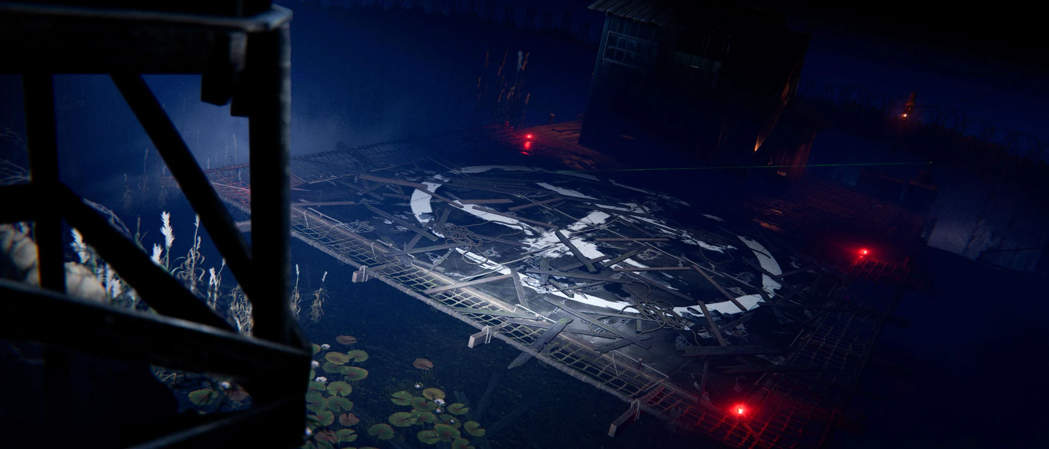 The damaged Air Wolf helipad at Bandit Camp is covered with broken boards beneath red landing lights.