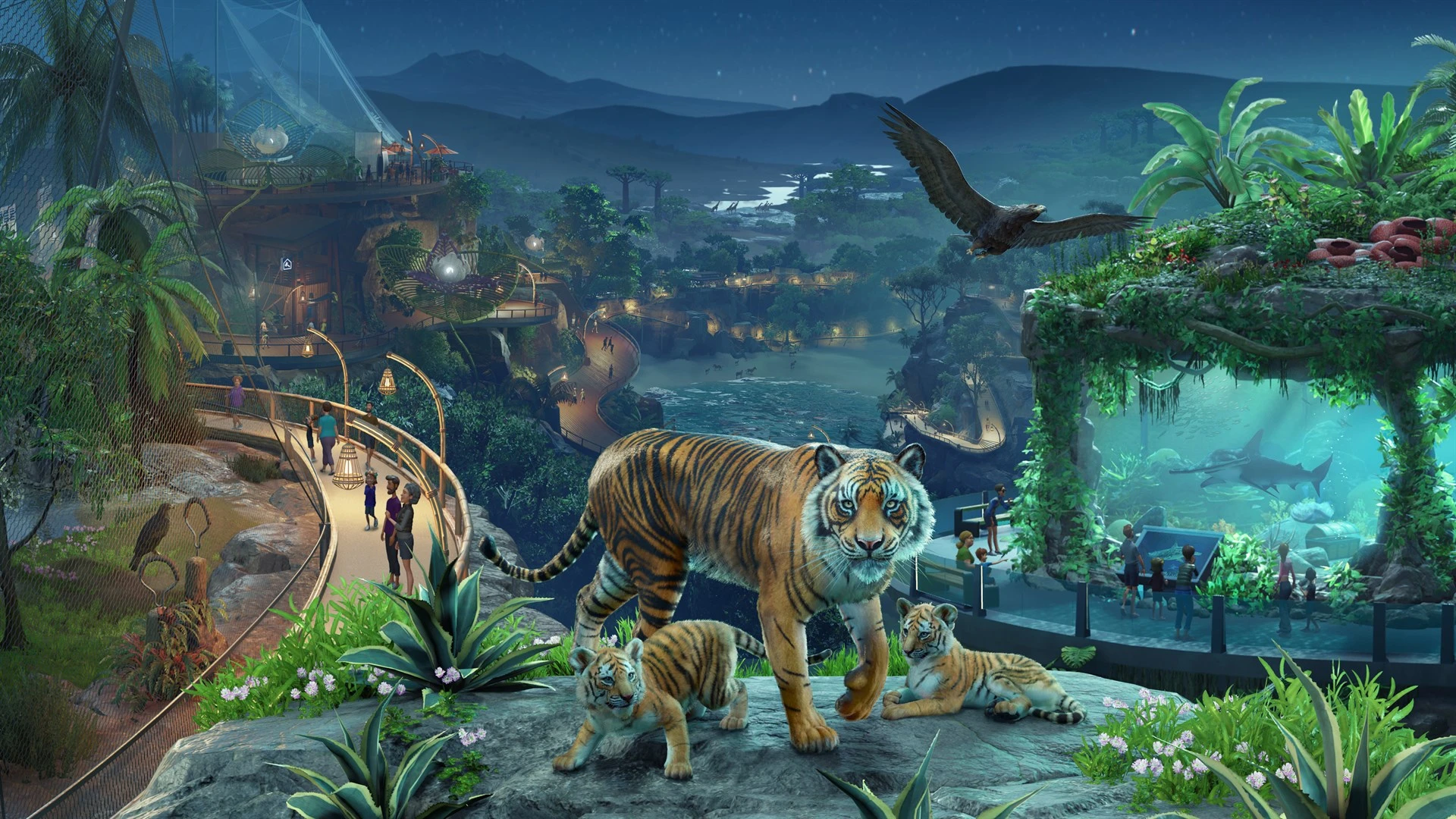 Planet Zoo 2 promotional artwork shows a tiger family, a flying eagle and an aquarium.