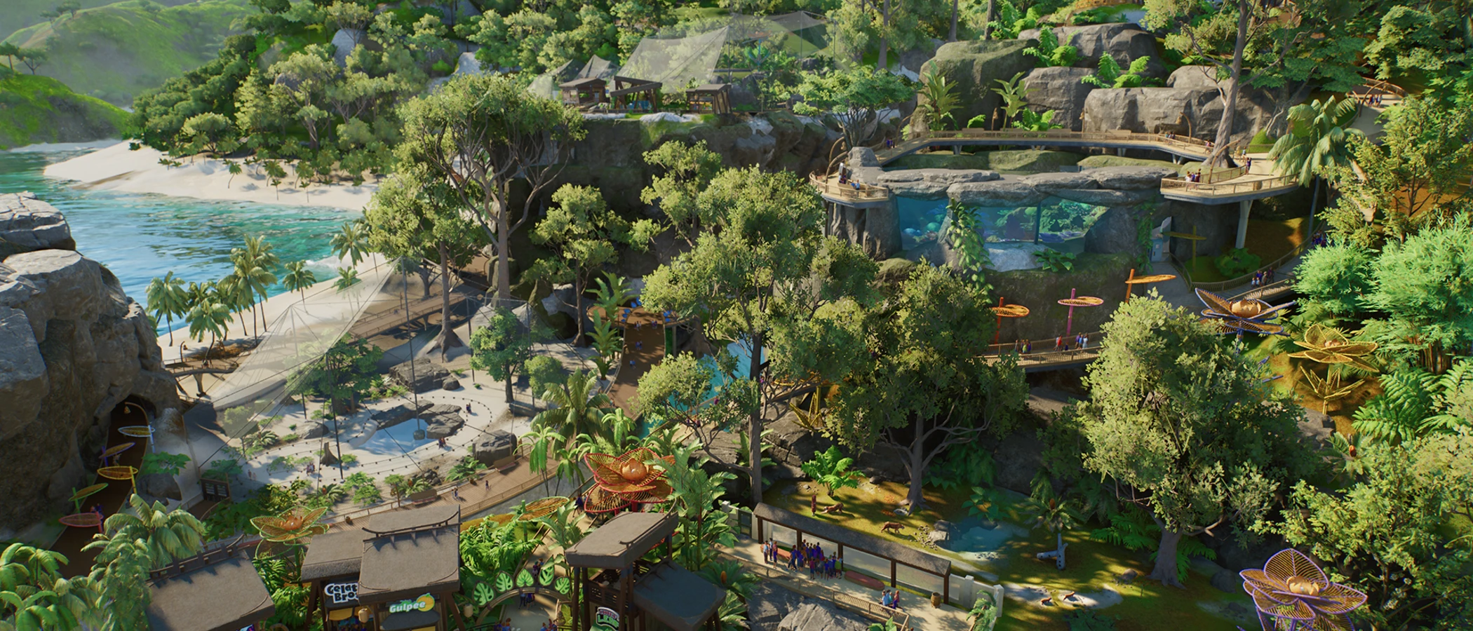 A tropical Planet Zoo 2 zoo with winding paths, themed shops and aquatic habitats.