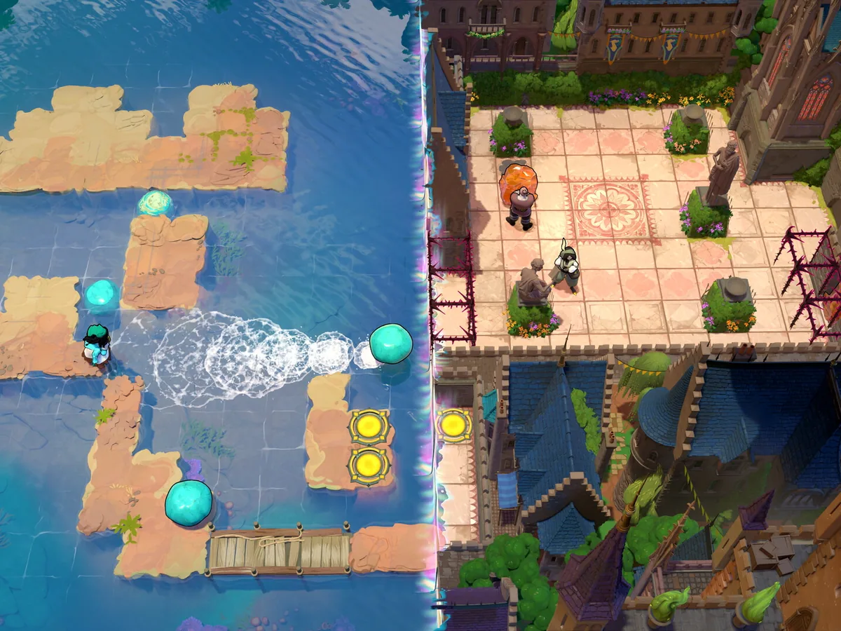 A bright courtyard and a floating island meet at a vertical seam in Order of the Sinking Star.