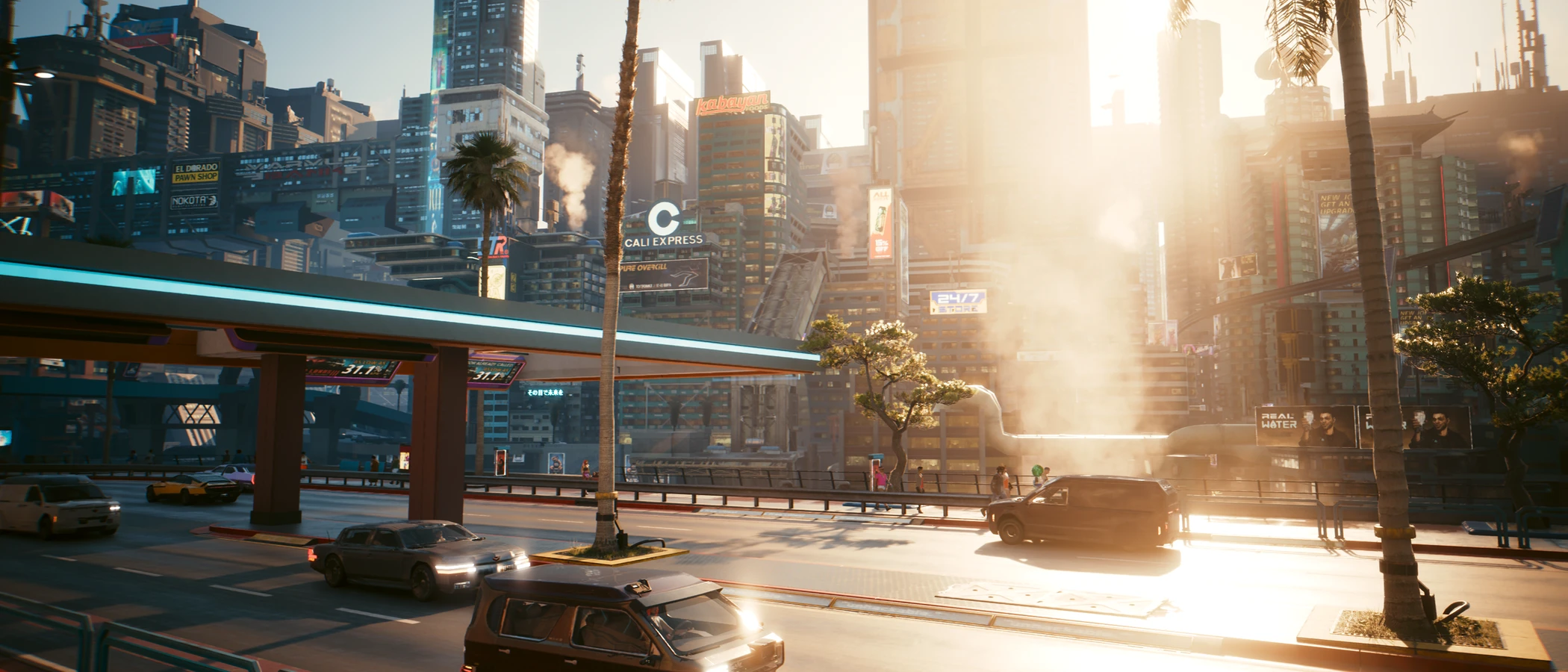 Sunlight falls across Night City buildings and traffic in Cyberpunk 2077