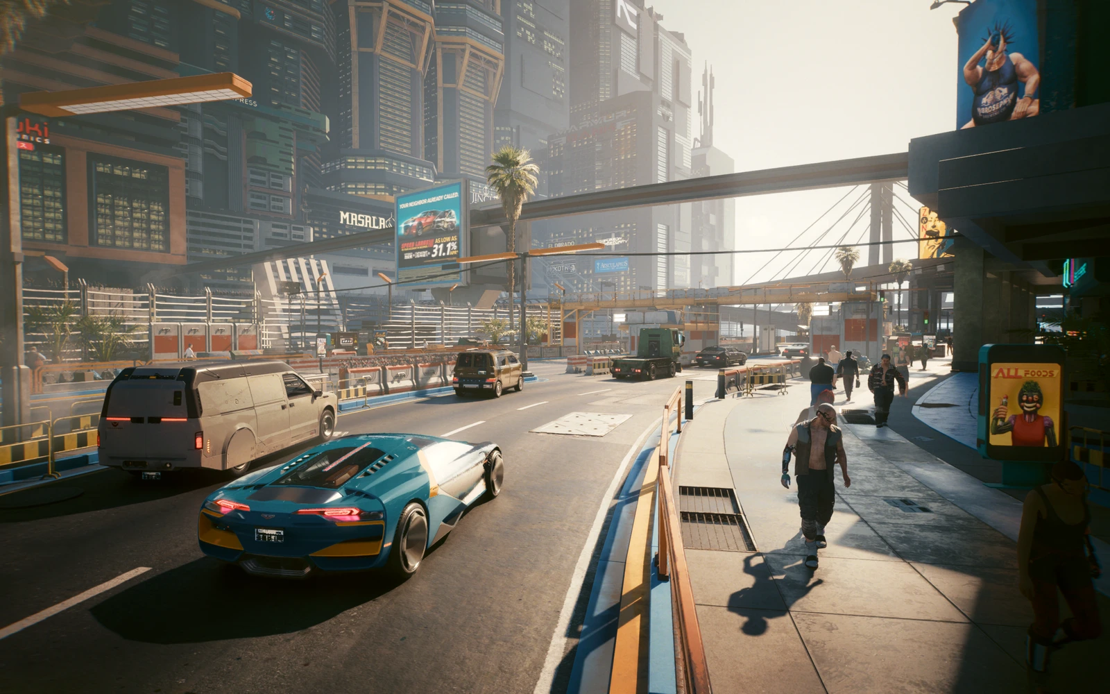 A car and pedestrians on a sunlit street in Night City
