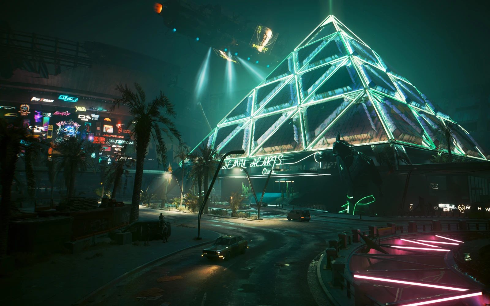 The illuminated Black Sapphire pyramid in Dogtown at night